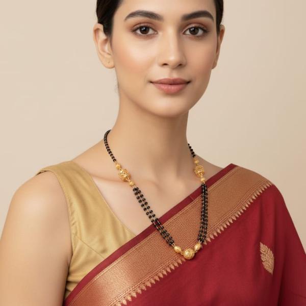 Traditional Mangalsutra Necklace, Black Beads with Gold-Plated Chain, 18 inch, Glass Beads and Decorative Pendant