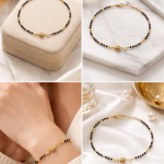Elegant Black Bead Gold Bracelet with Pearl Detailing