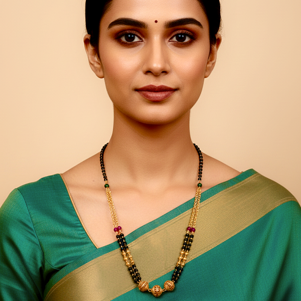 Traditional Mangalsutra Necklace, Black Beads with Gold-Plated Chain, 18 inch, Glass Beads and Decorative Pendant