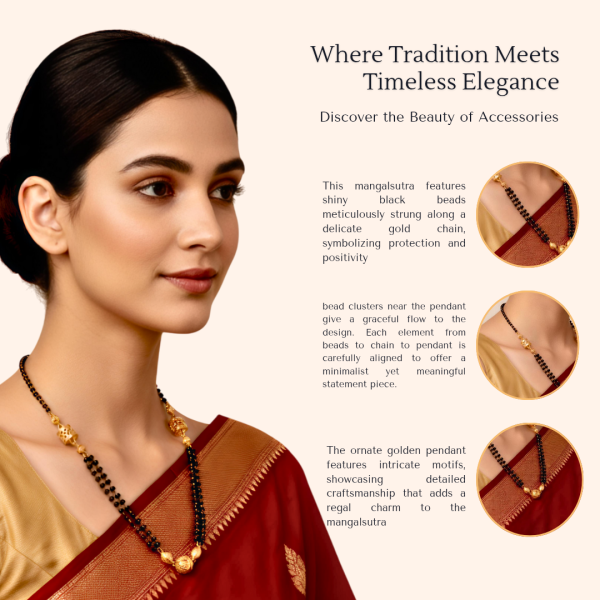 Traditional Mangalsutra Necklace, Black Beads with Gold-Plated Chain, 18 inch, Glass Beads and Decorative Pendant