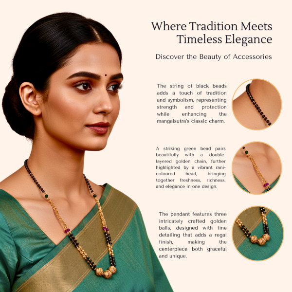 Traditional Mangalsutra Necklace, Black Beads with Gold-Plated Chain, 18 inch, Glass Beads and Decorative Pendant